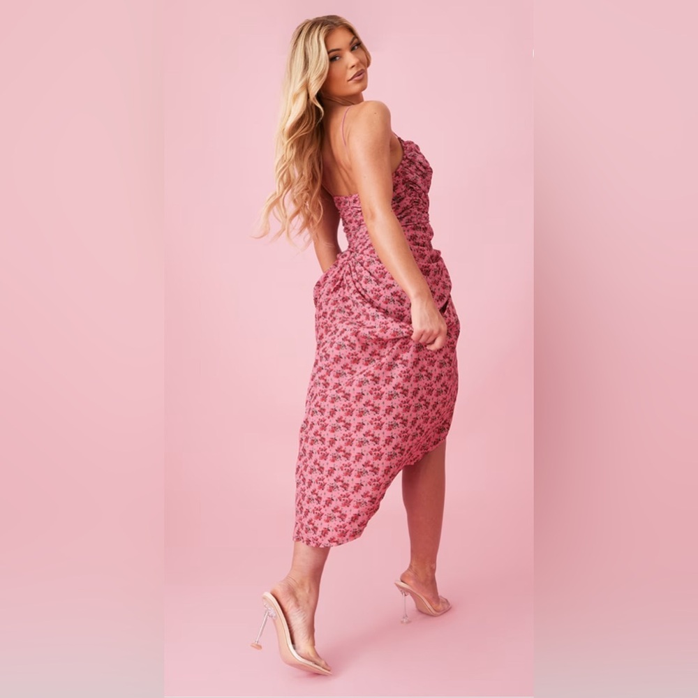 PRETTY LITTLE THING PINK FLORAL PRINT CHIFFON RUCHED DRAPE MIDI DRESS